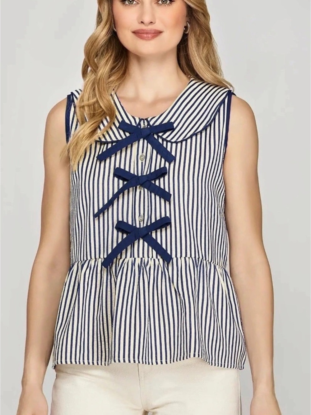 She + Sky Striped Tie-Front Blouse in White & Blue NWT